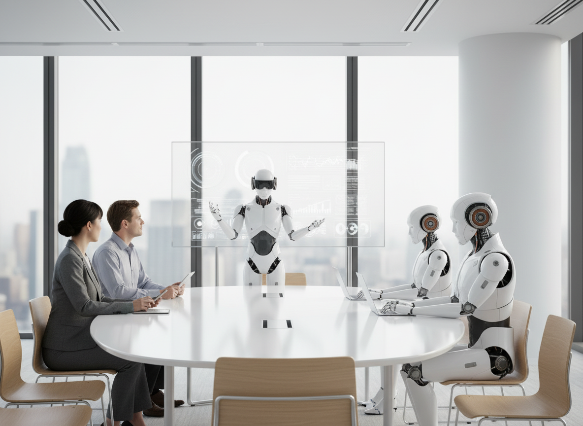 Robot leadership team around a meeting table