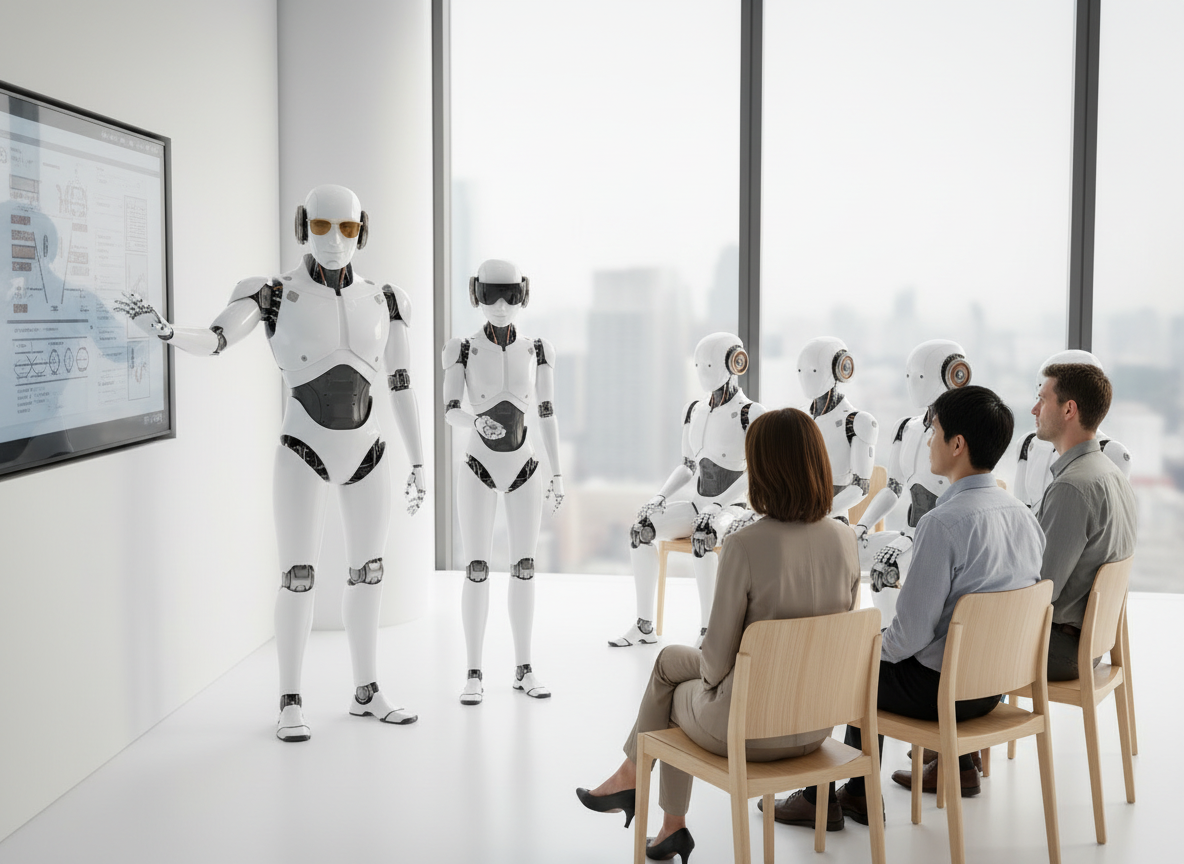 Robot AI team training a room of people