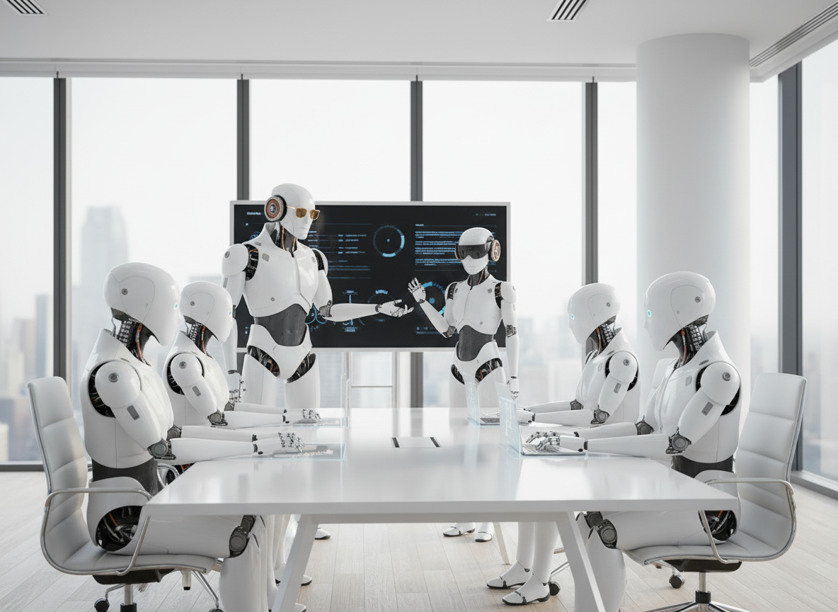 Robot revenue team in a boardroom briefing