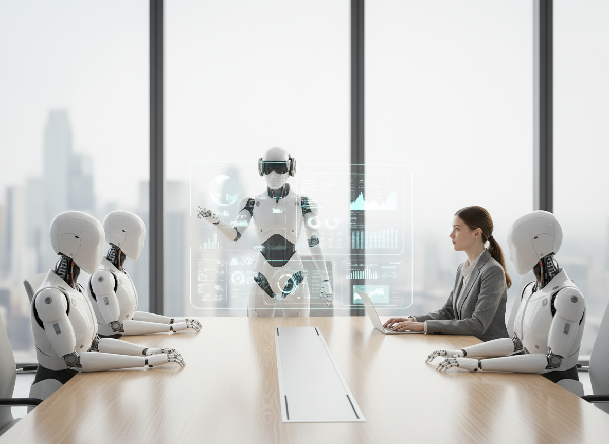 Robot team collaborating with a colleague at a conference table