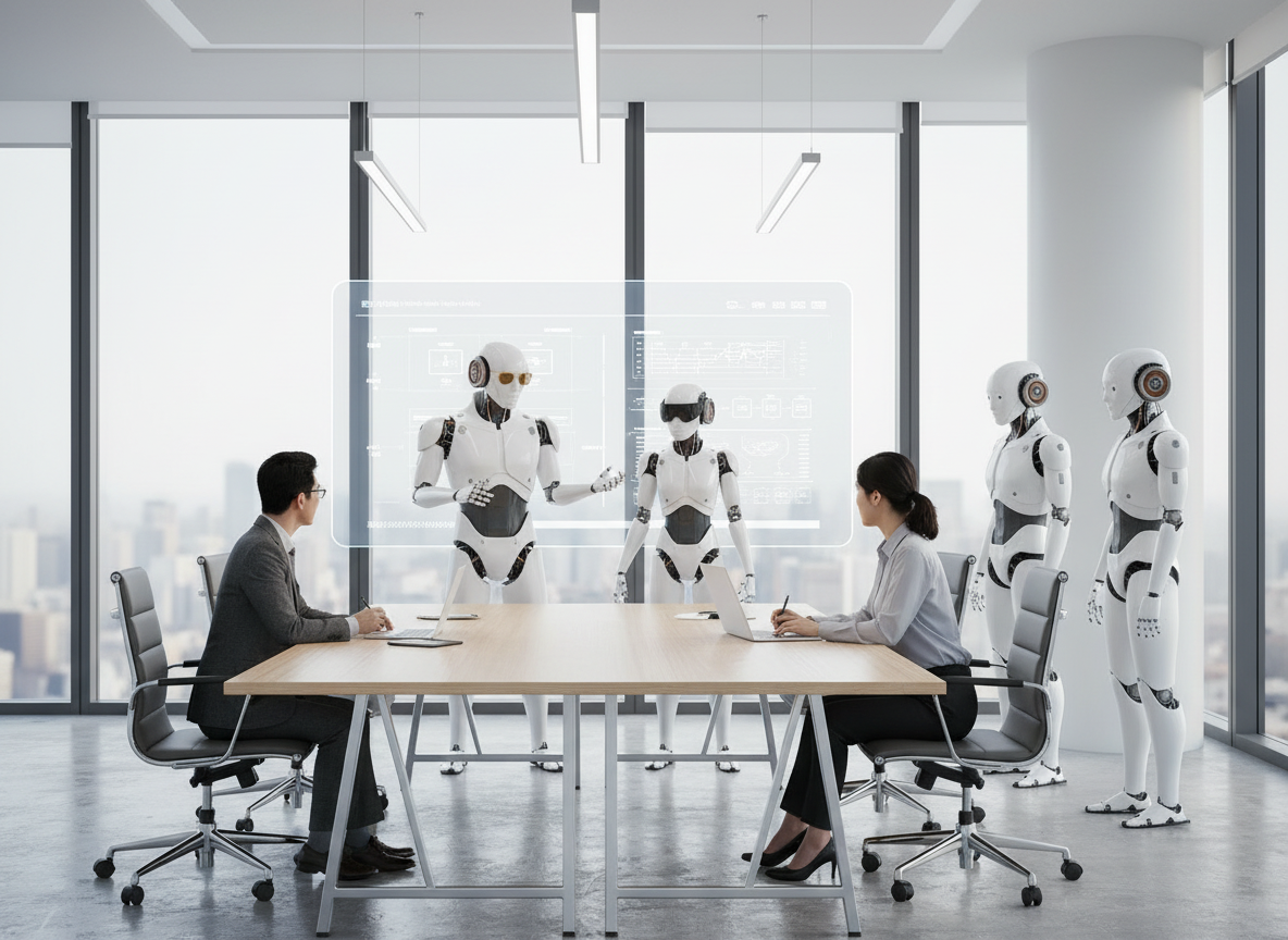 AI agents briefing two executives around a boardroom table